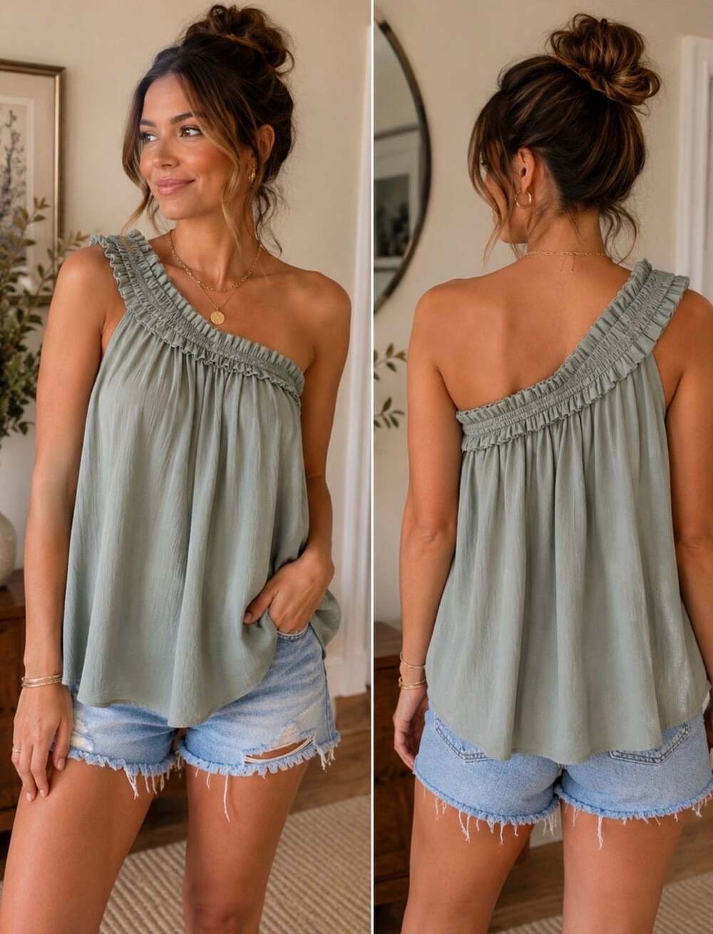 Do+Be One Shoulder Top Size M Green Rayon Polyester (y)